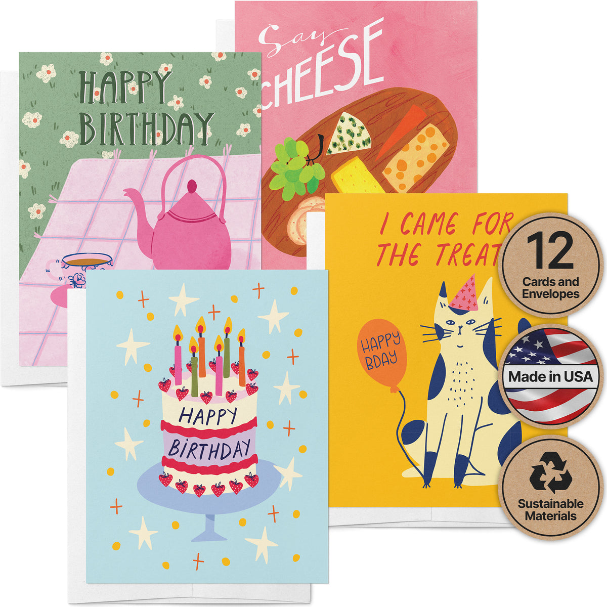 Artful Birthdays Illustrated Birthday Cards by Aidi Riera, set of 12 with envelopes, Twigs Paper