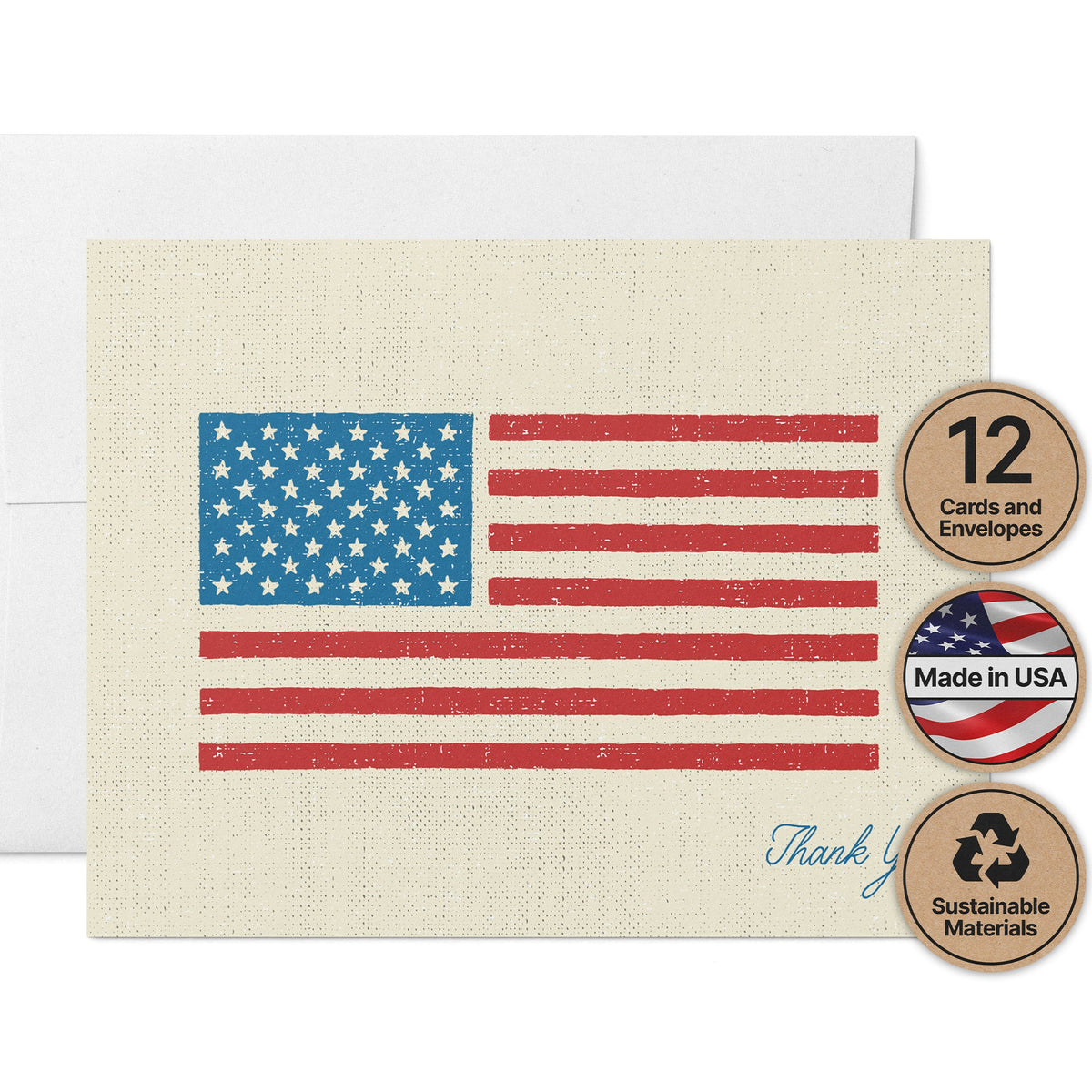 American Salute Patriotic Thank You Cards, set of 12 with envelopes, Twigs Paper