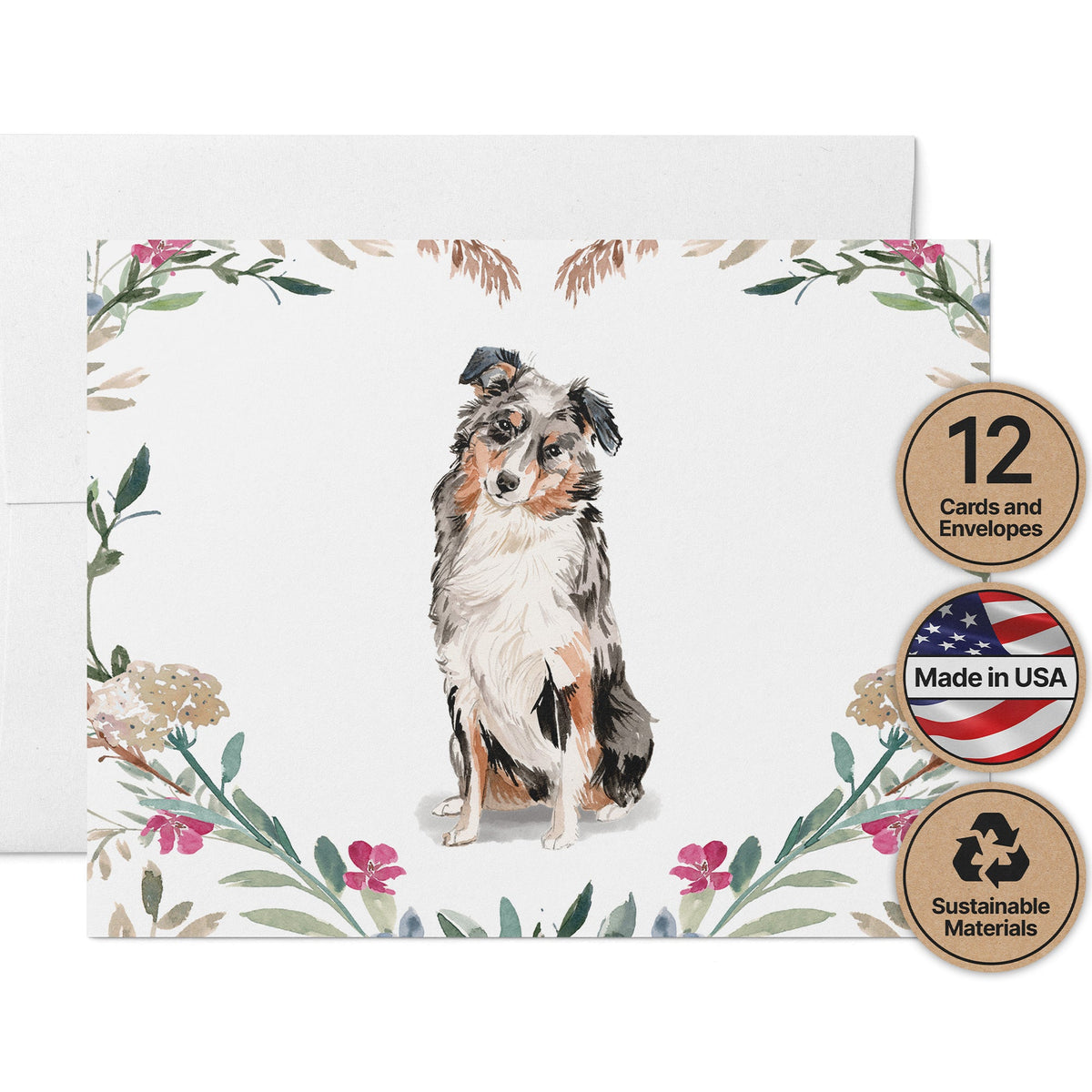 Australian Shepherd Watercolor Dog Greeting Cards, set of 12 with envelopes, Twigs Paper
