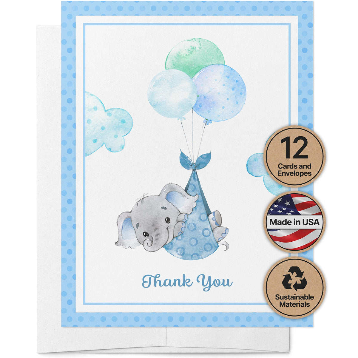 Baby Boy Elephant Baby Shower Thank You Cards, set of 12 with envelopes, Twigs Paper