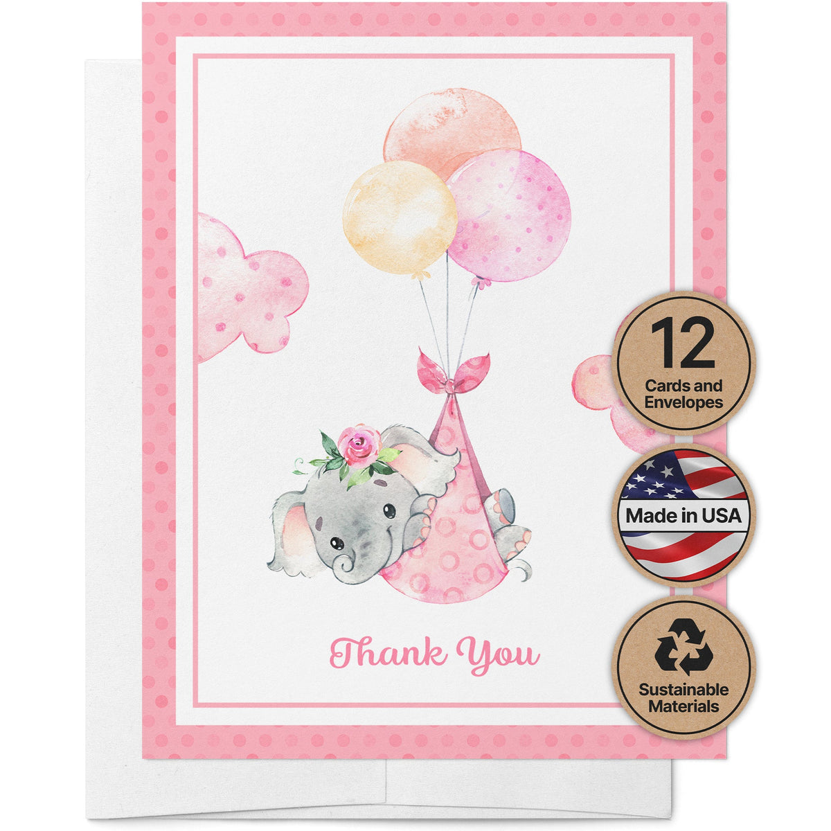 Baby Girl Elephant Baby Shower Thank You Cards, set of 12 with envelopes, Twigs Paper