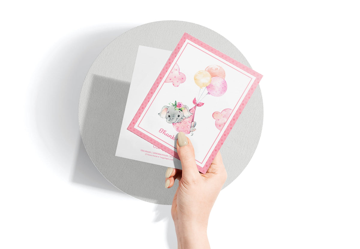 Baby Girl Elephant Baby Shower Thank You Cards, set of 12 with envelopes, Twigs Paper - view 3