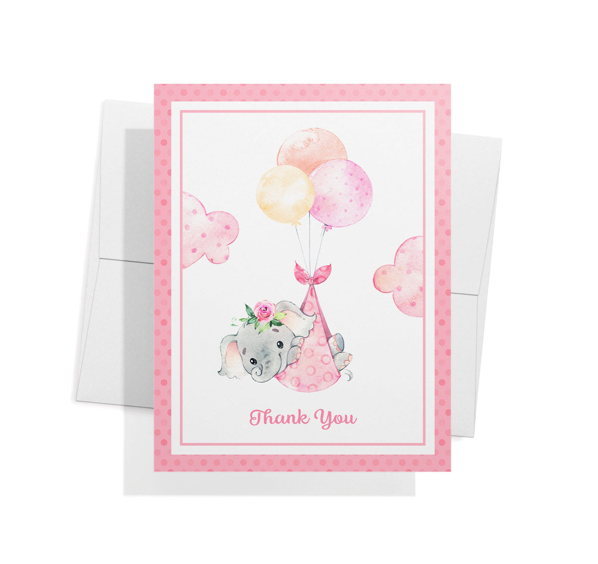 Baby Girl Elephant Baby Shower Thank You Cards, set of 12 with envelopes, Twigs Paper - view 2