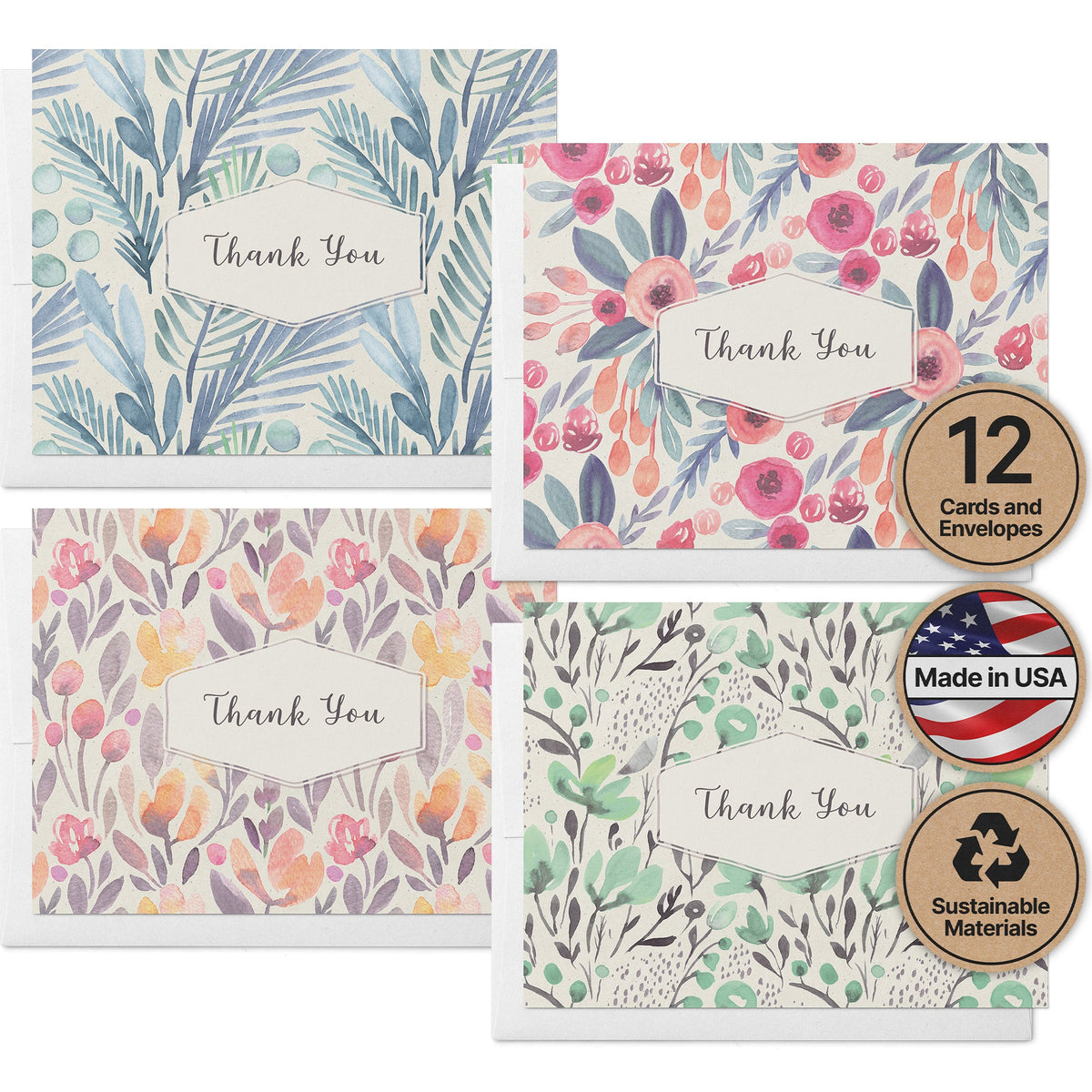 Blossom Bliss Watercolor Flower Thank You Cards, set of 12 with envelopes, Twigs Paper