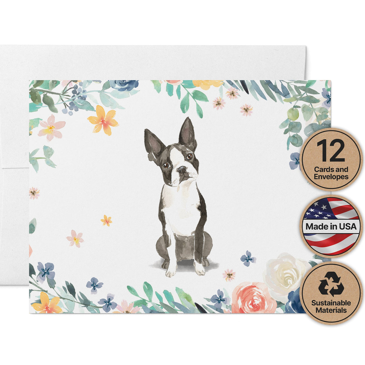 Boston Terrier Watercolor Dog Greeting Cards, set of 12 with envelopes, Twigs Paper