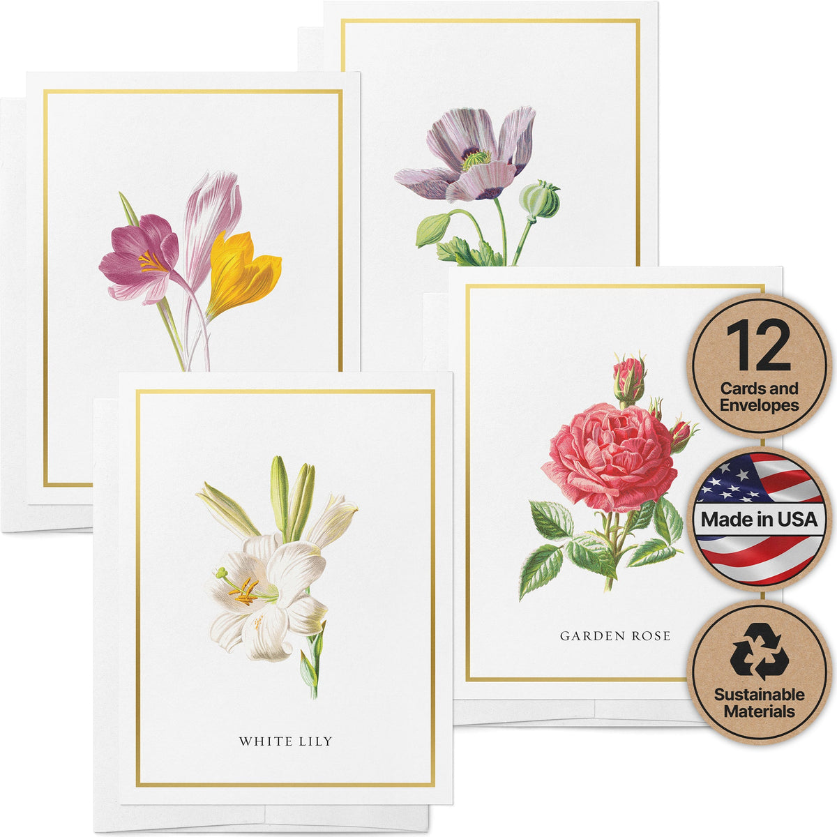Botanical Beauty Garden Flower Greeting Cards, set of 12 with envelopes, Twigs Paper