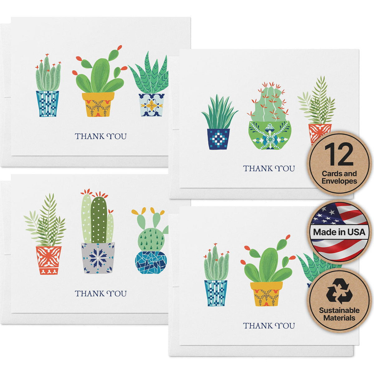 Desert Blooms Succulent Thank You Cards, set of 12 with envelopes, Twigs Paper