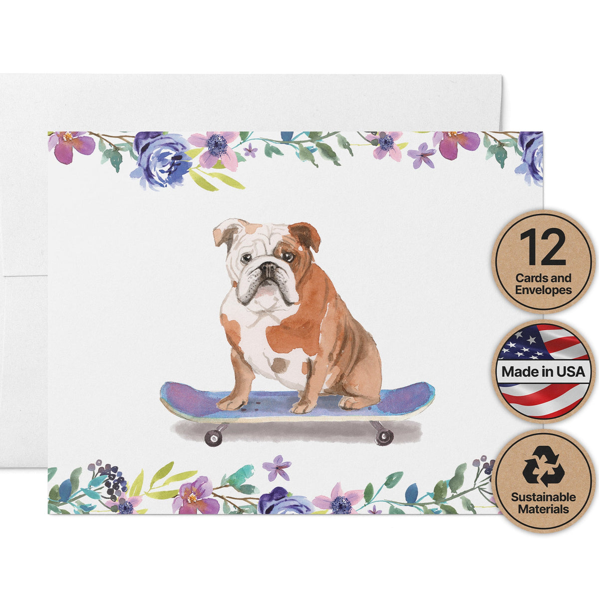 English Bulldog Watercolor Dog Greeting Cards, set of 12 with envelopes, Twigs Paper