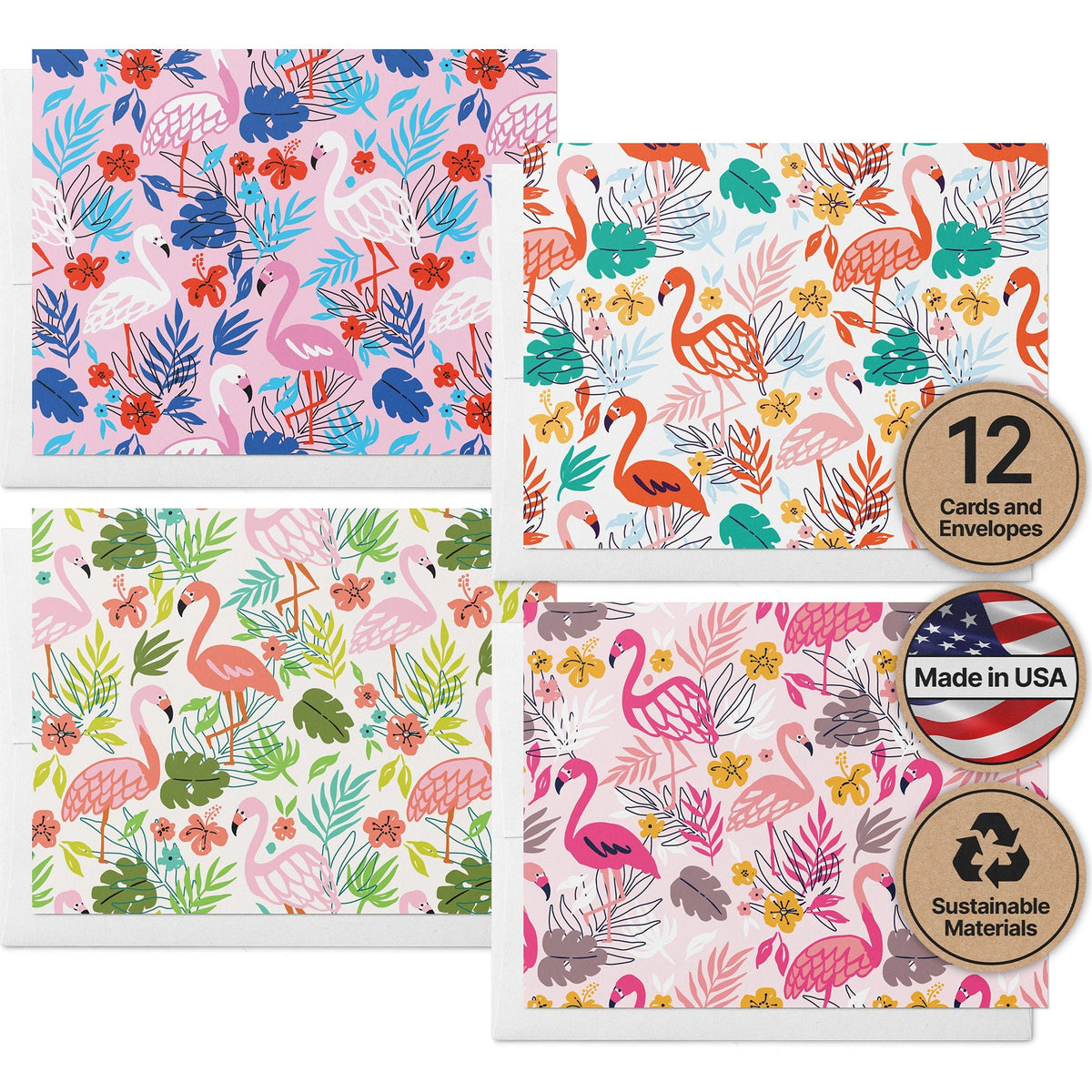 Flamingo Flair Tropical Greeting Cards, set of 12 with envelopes, Twigs Paper