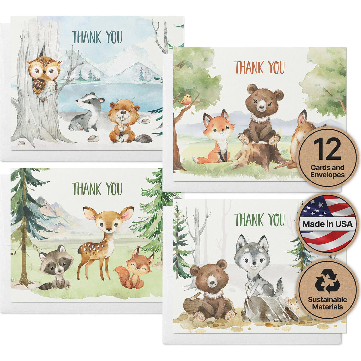 Forest Friends Woodland Animal Thank You Cards, set of 12 with envelopes, Twigs Paper