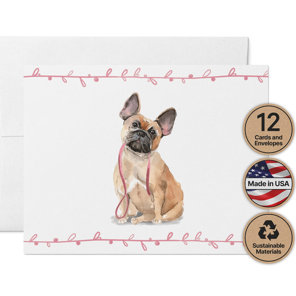 French Bulldog Watercolor Dog Greeting Cards, set of 12 with envelopes, Twigs Paper