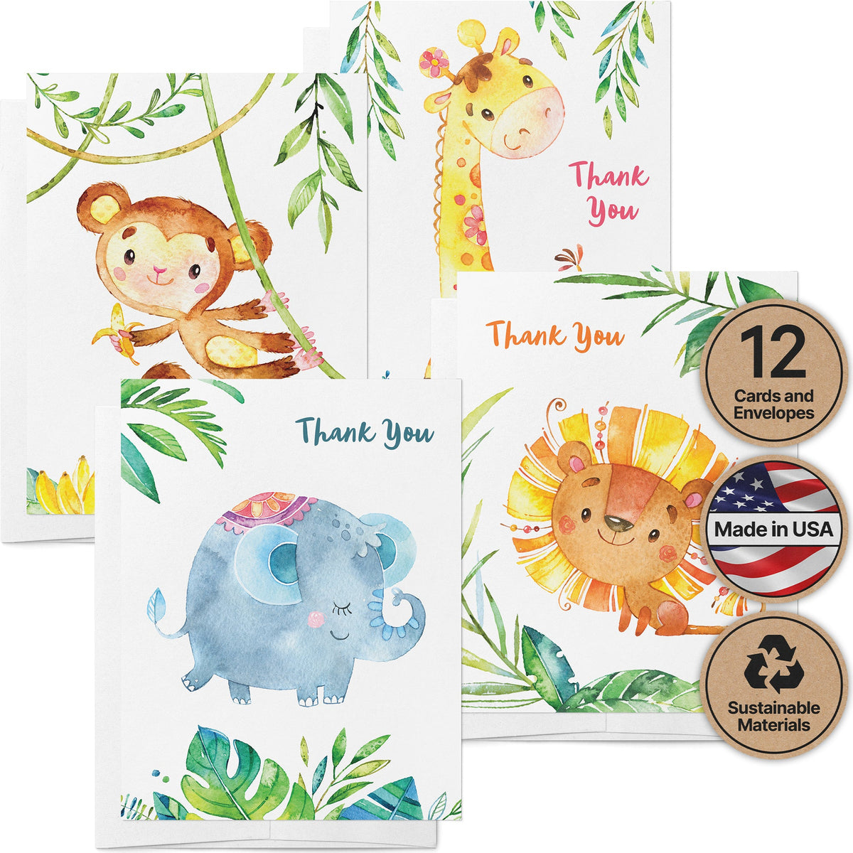 Jungle Jubilee Baby Shower Thank You Cards, set of 12 with envelopes, Twigs Paper