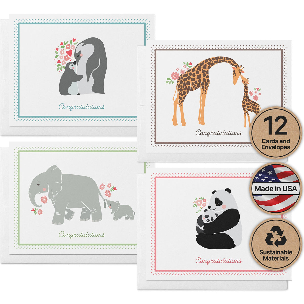 Mother & Baby Animal Congratulations Cards, set of 12 with envelopes, Twigs Paper