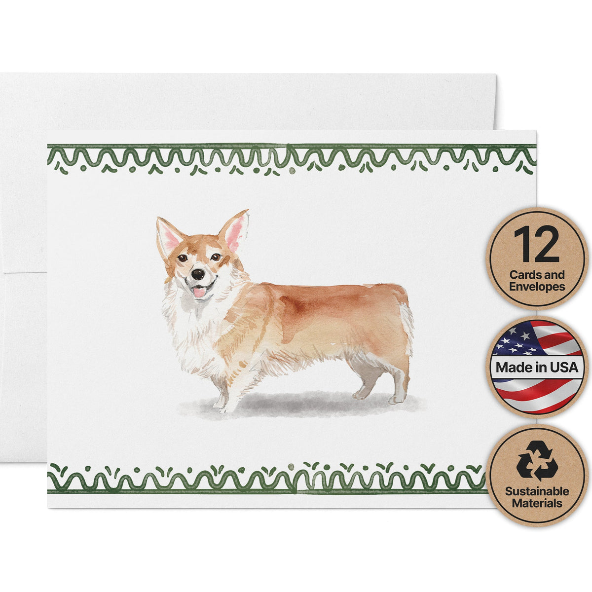 Pembroke Welsh Corgi Watercolor Dog Greeting Cards, set of 12 with envelopes, Twigs Paper