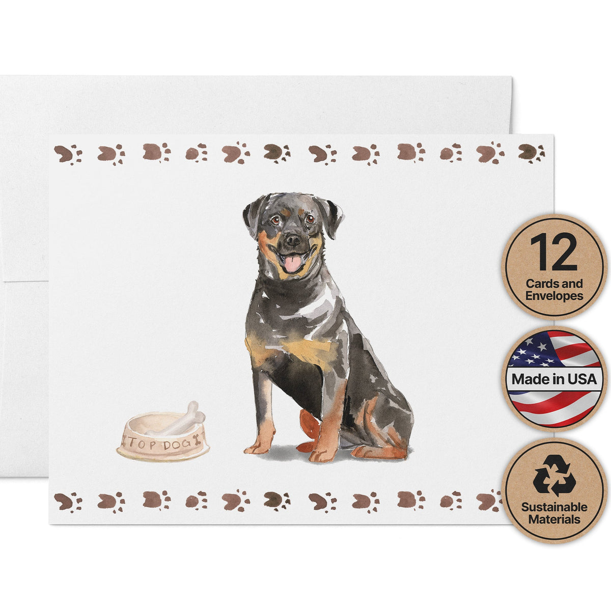 Rottweiler Watercolor Dog Greeting Cards, set of 12 with envelopes, Twigs Paper