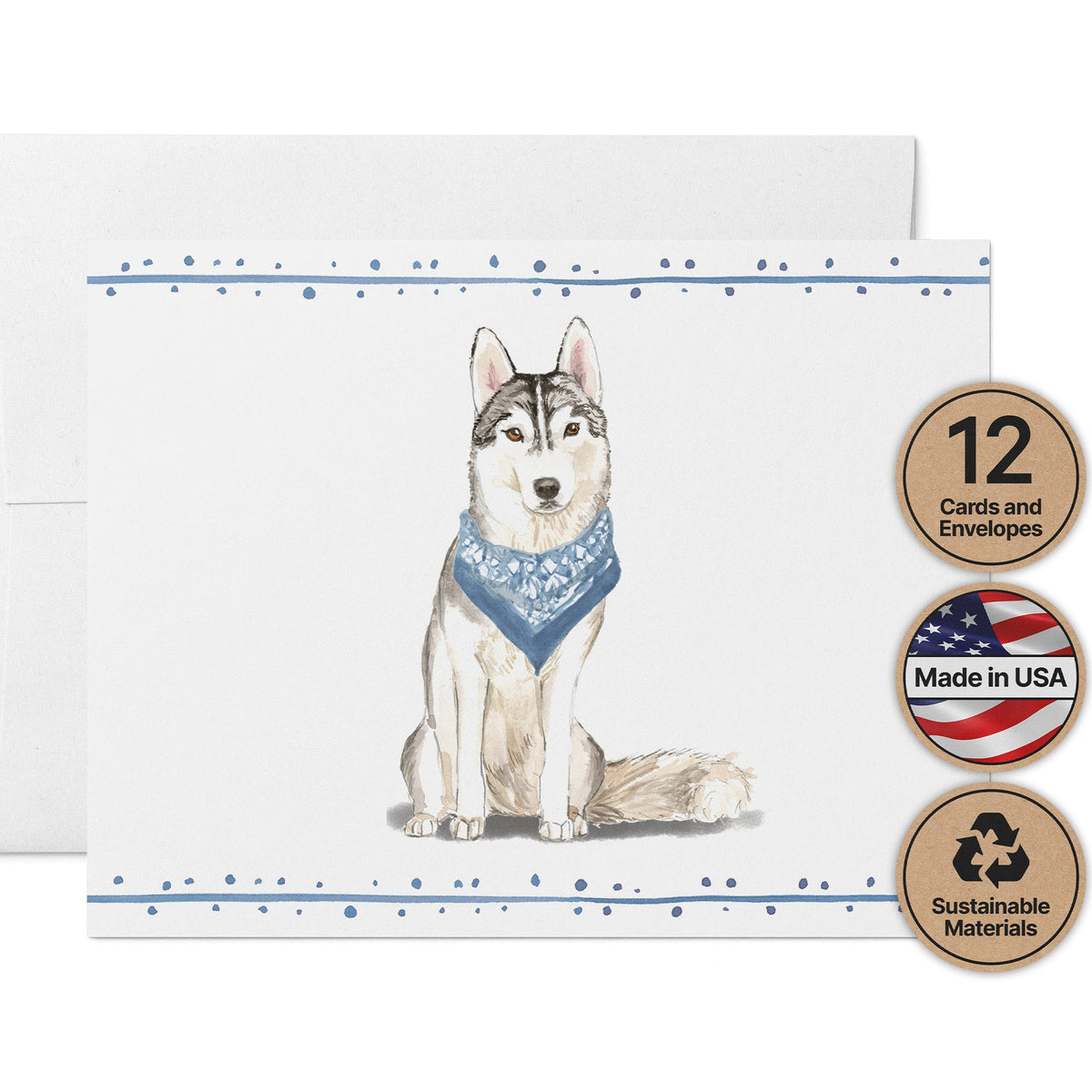 Siberian Husky Watercolor Dog Greeting Cards, set of 12 with envelopes, Twigs Paper