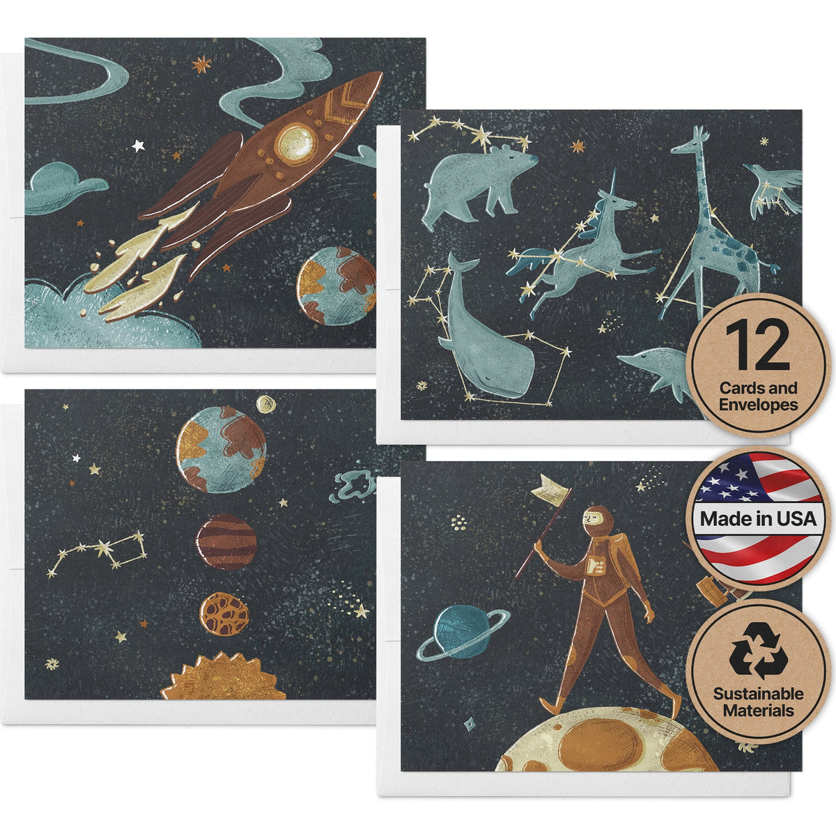 Space Odyssey Outer Space Greeting Cards for Kids, set of 12 with envelopes, Twigs Paper