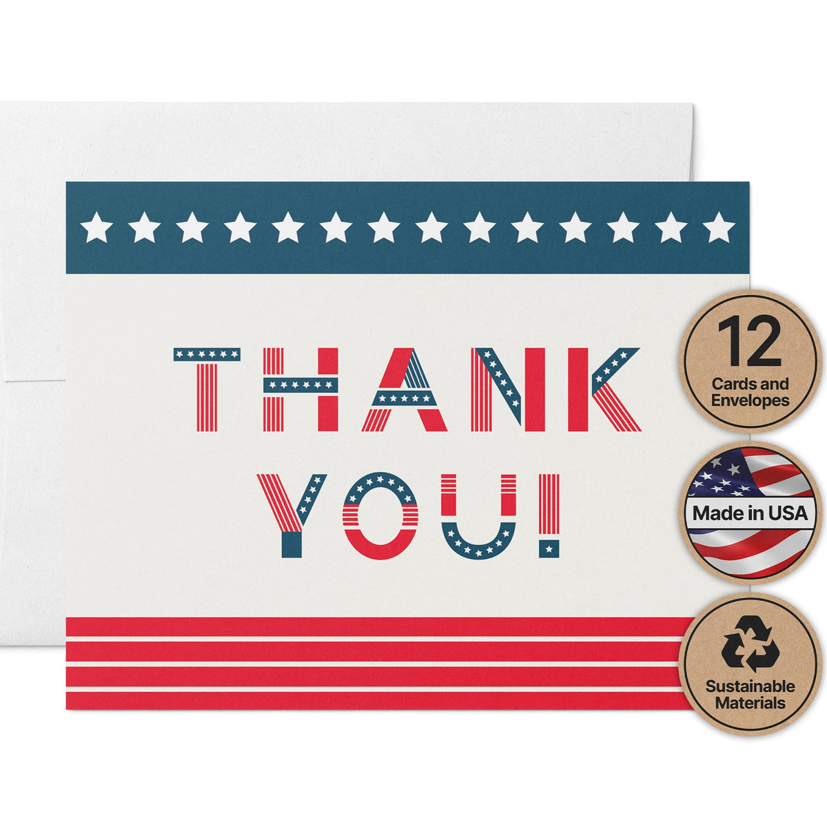 Stars & Stripes Patriotic Thank You Cards, set of 12 with envelopes, Twigs Paper
