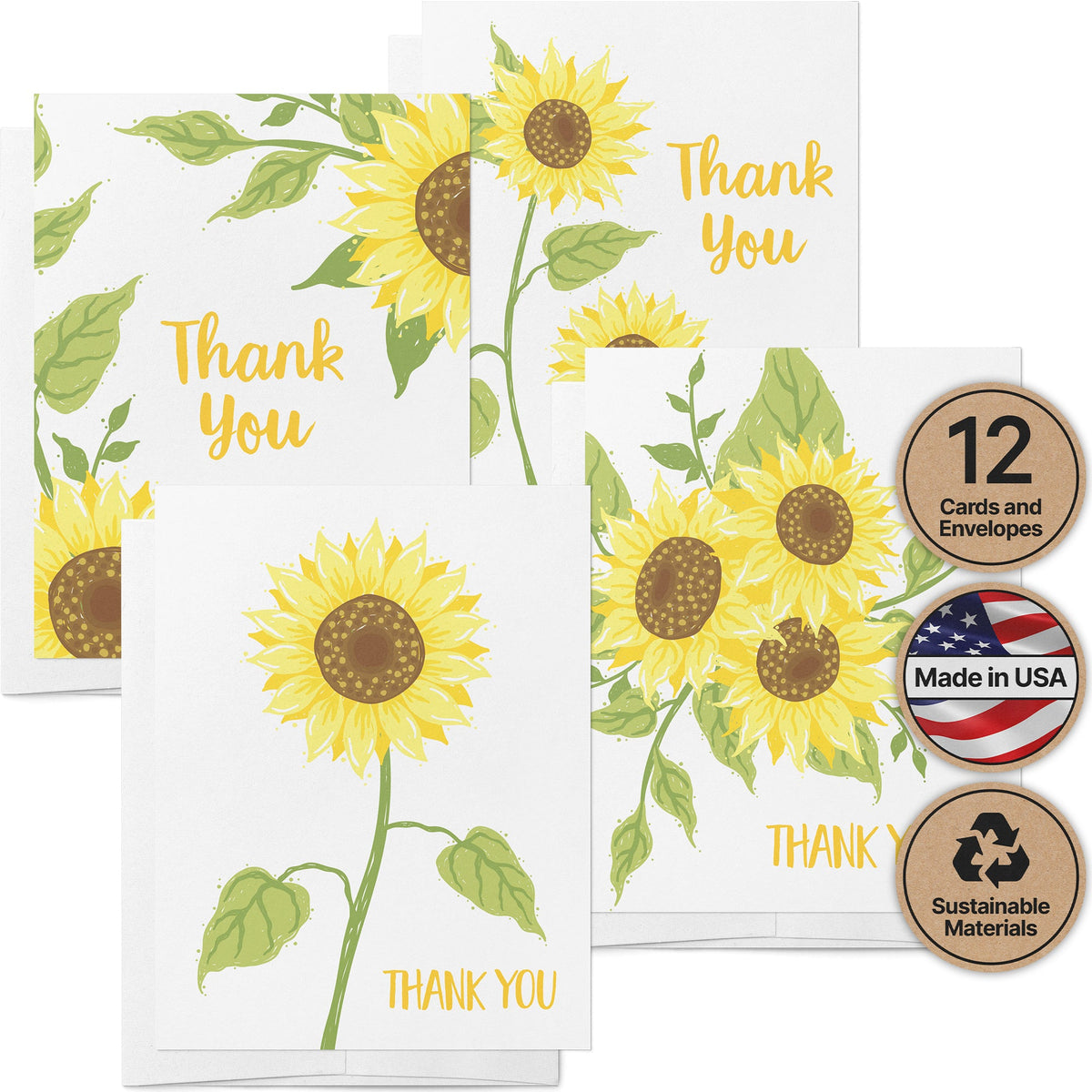Sunflower Gratitude Floral Thank You Cards, set of 12 with envelopes, Twigs Paper