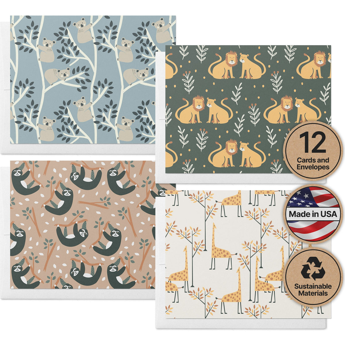 Animal Kingdom Kids Greeting Cards, set of 12 with envelopes, Twigs Paper