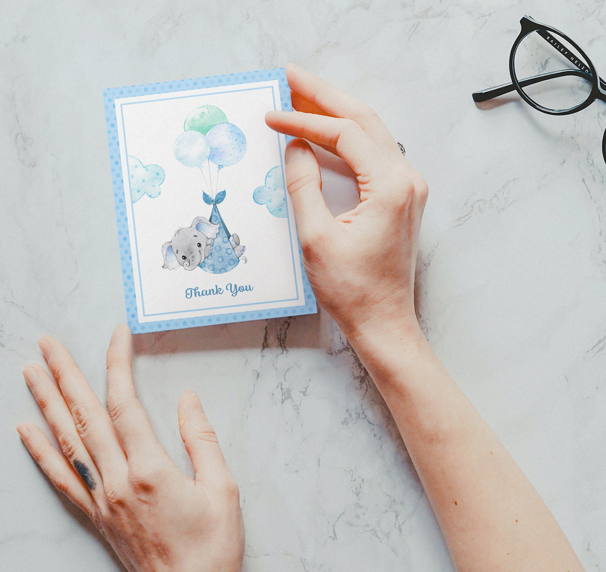 Baby Boy Elephant Baby Shower Thank You Cards, set of 12 with envelopes, Twigs Paper - view 4