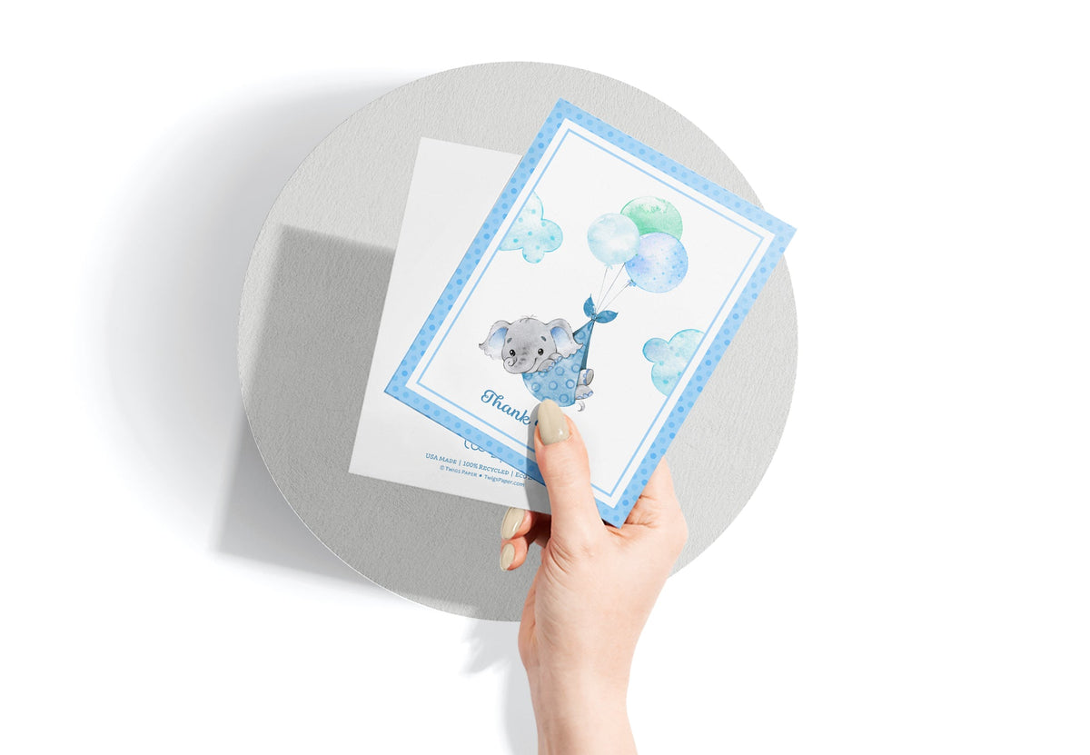 Baby Boy Elephant Baby Shower Thank You Cards, set of 12 with envelopes, Twigs Paper - view 3
