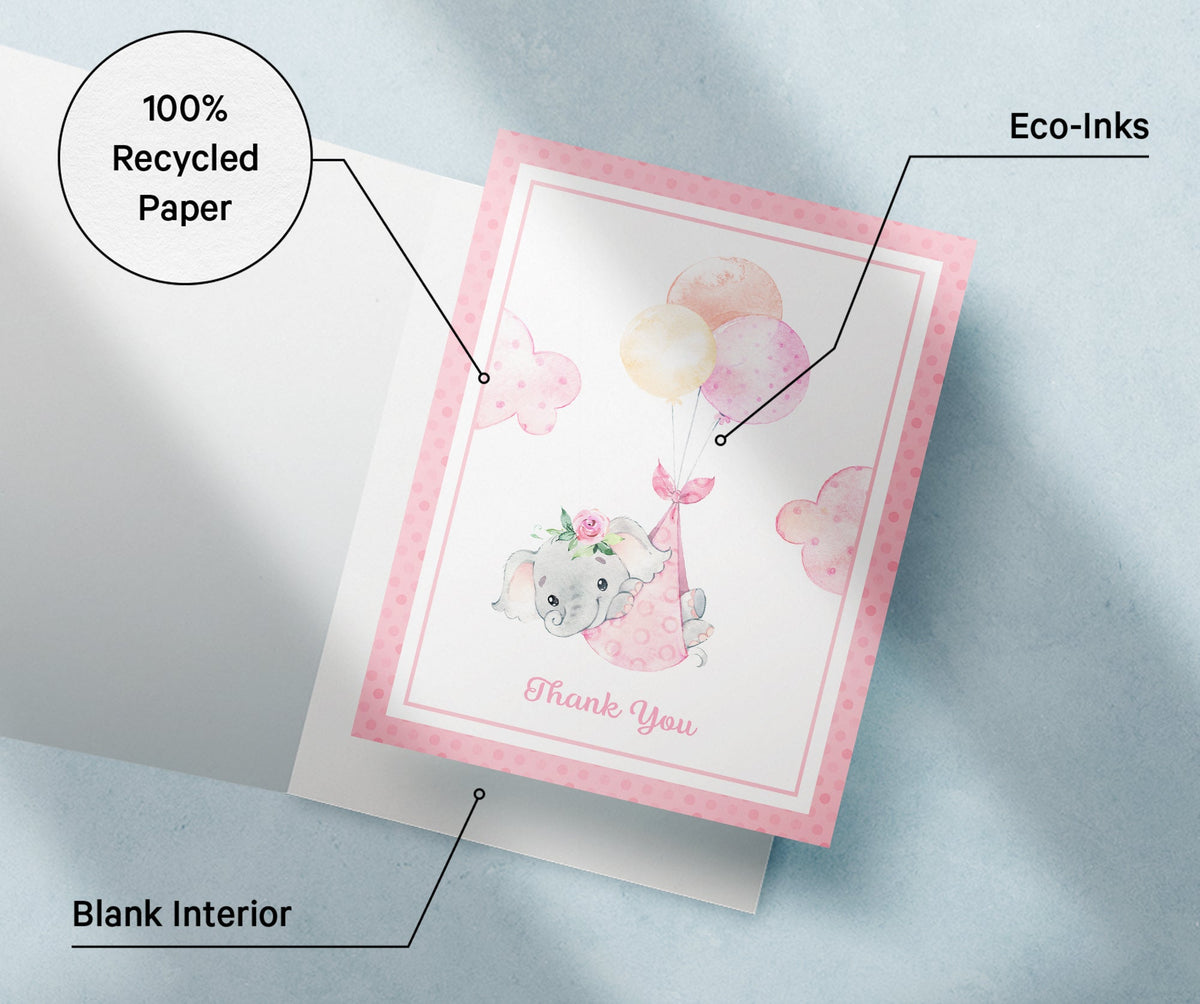 Baby Girl Elephant Baby Shower Thank You Cards, set of 12 with envelopes, Twigs Paper - view 5