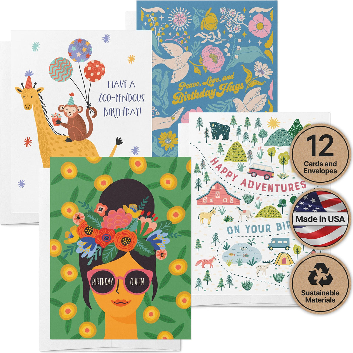 Birthday Bash Funny Birthday Cards, set of 12 with envelopes, Twigs Paper