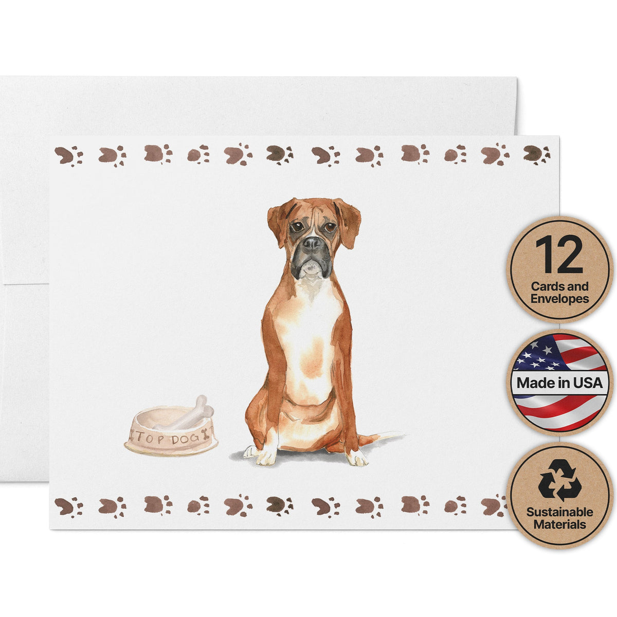 Boxer Dog Watercolor Greeting Cards, set of 12 with envelopes, Twigs Paper