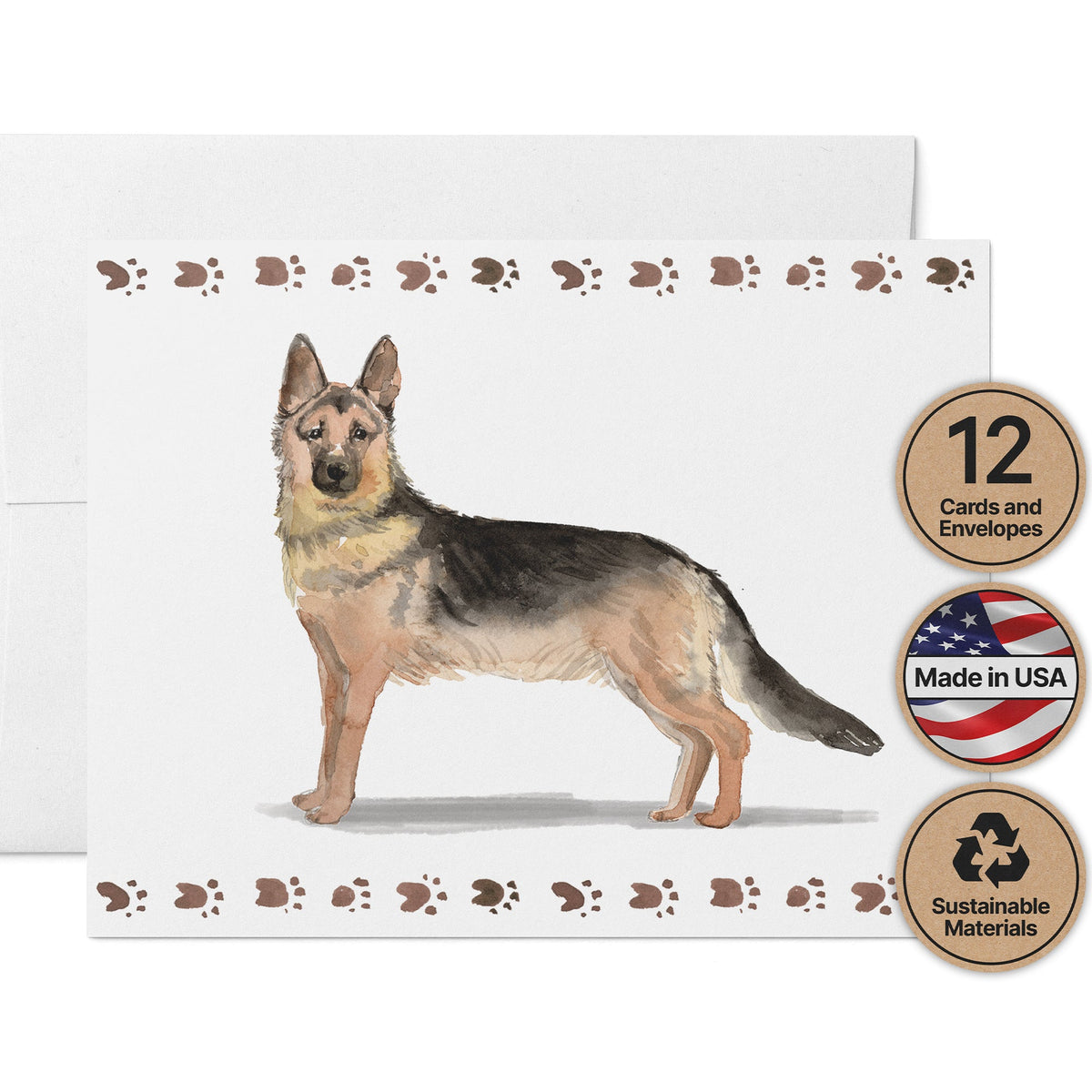 German Shepherd Watercolor Dog Greeting Cards, set of 12 with envelopes, Twigs Paper