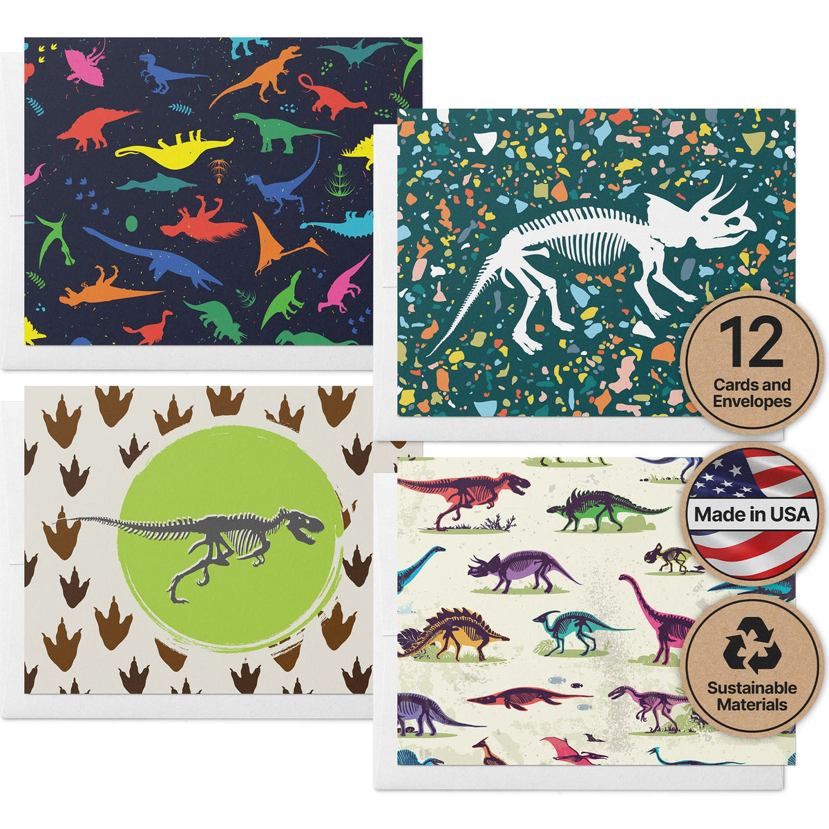 Jurassic Joy Dinosaur Greeting Cards for Kids, set of 12 with envelopes, Twigs Paper