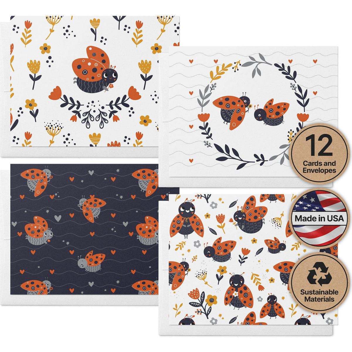Little Ladybugs Greeting Cards, set of 12 with envelopes, Twigs Paper