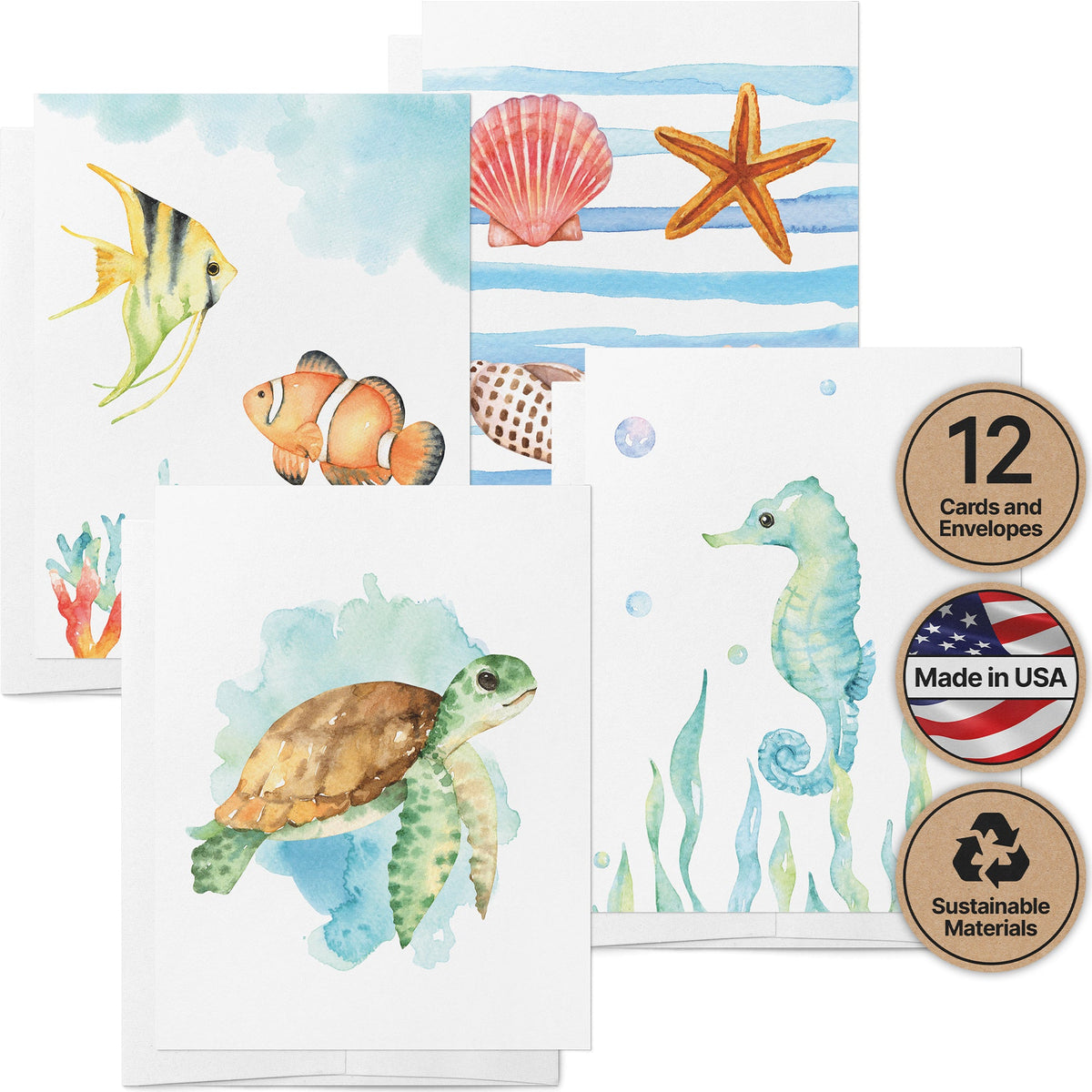 Marine Wonders Ocean Animal Greeting Cards, set of 12 with envelopes, Twigs Paper