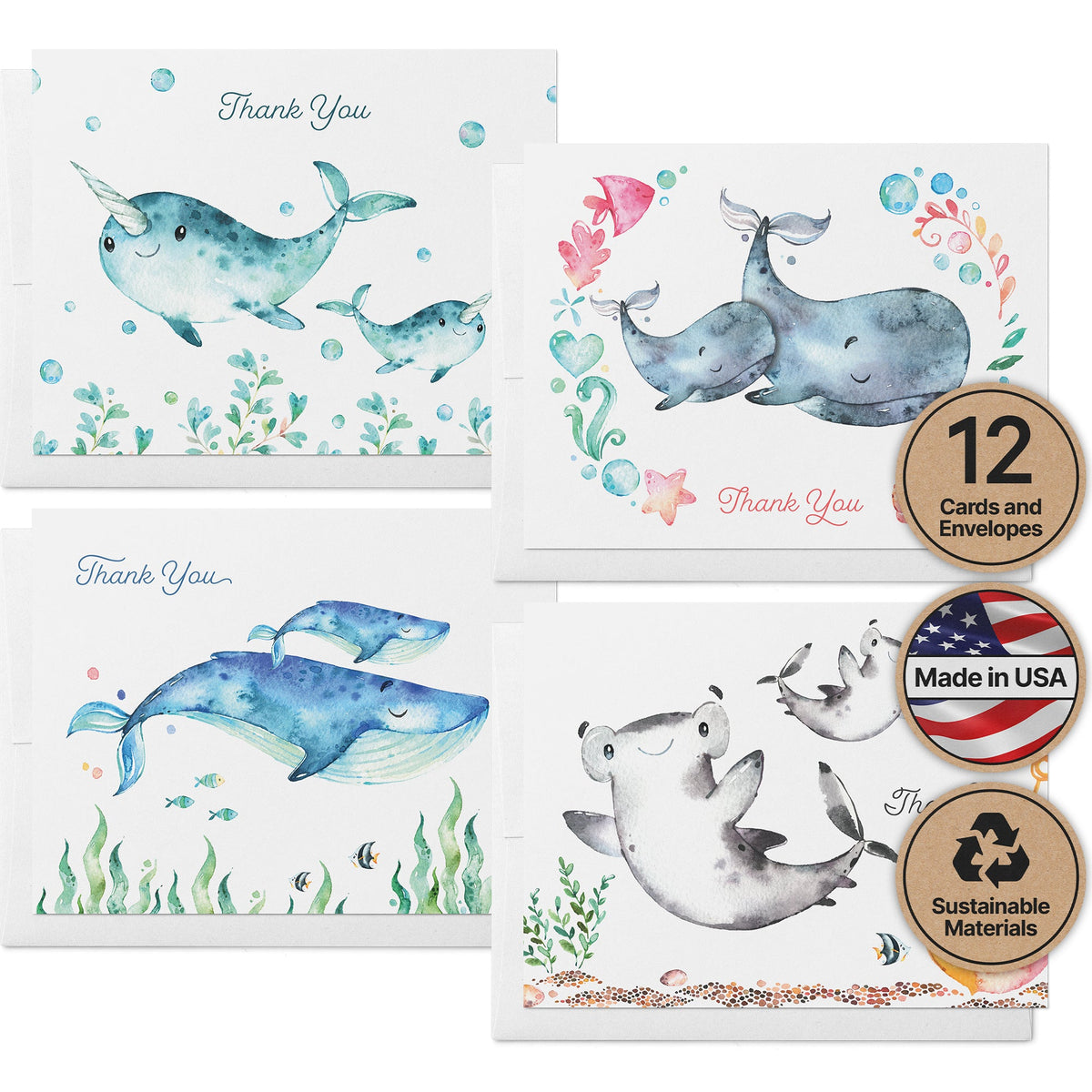 Ocean Tidings Sea Life Thank You Cards, set of 12 with envelopes, Twigs Paper