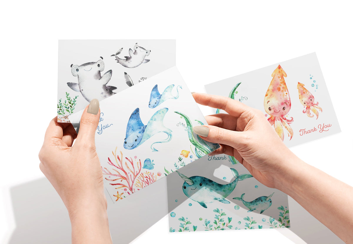 Ocean Tidings Sea Life Thank You Cards, set of 12 with envelopes, Twigs Paper - view 3