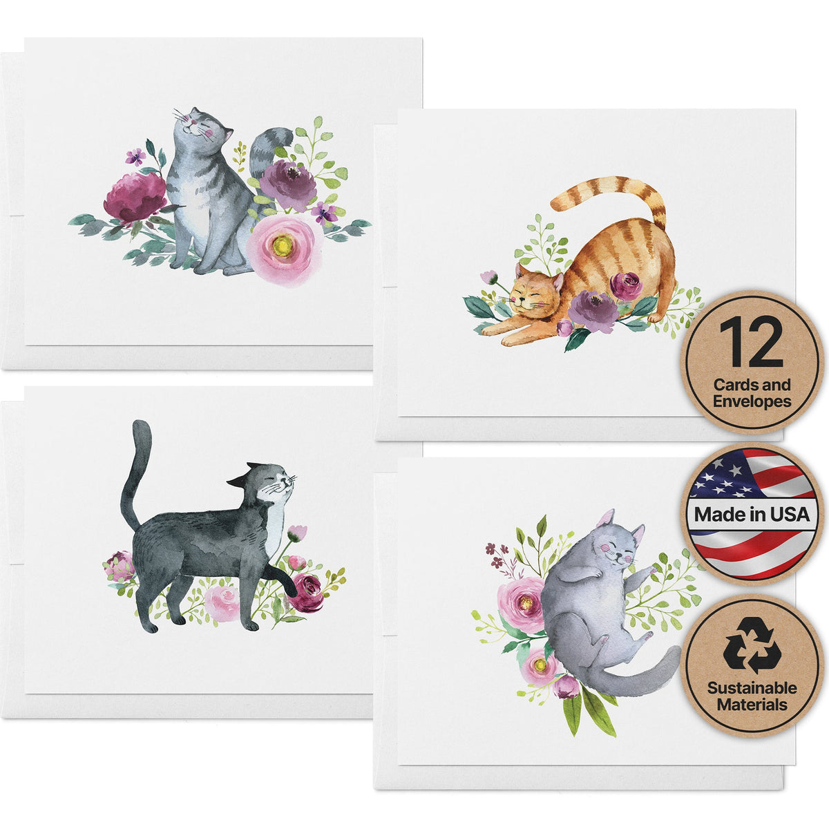 Playful Cats Watercolor Cat Greeting Cards, set of 12 with envelopes, Twigs Paper