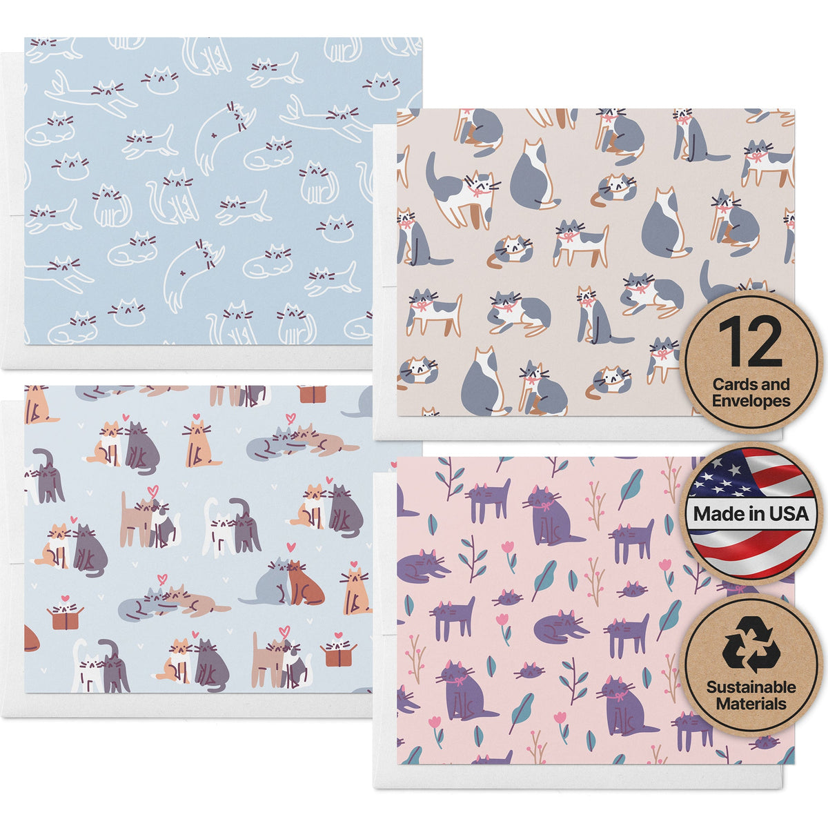 Purr-fect Patterns Cat Greeting Cards, set of 12 with envelopes, Twigs Paper