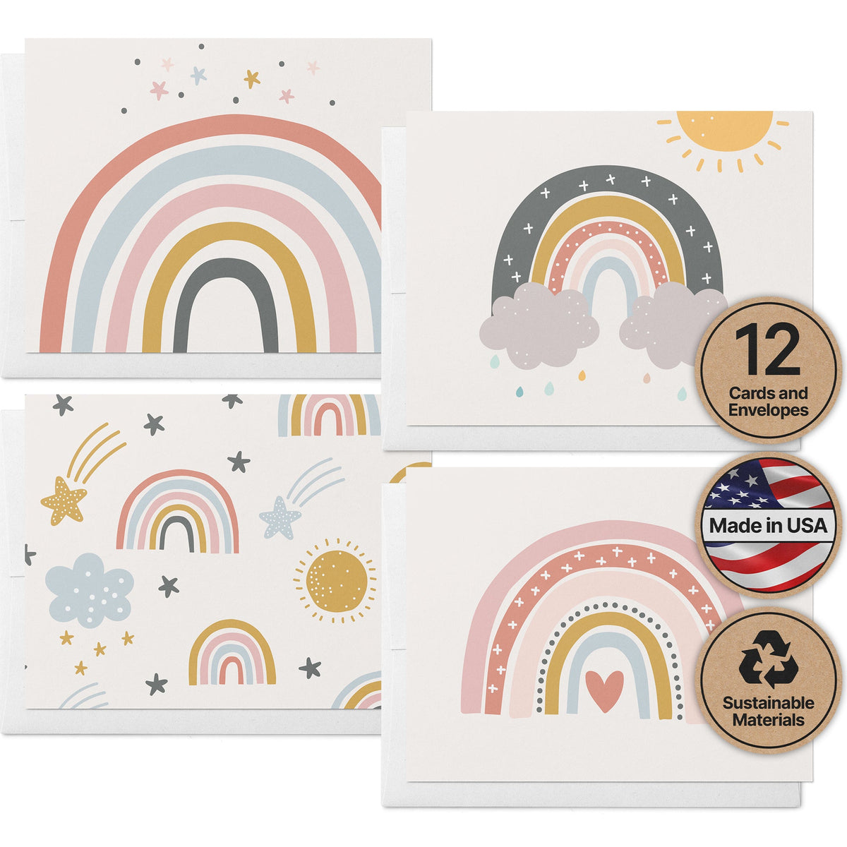 Rainbow Wishes Baby Shower Cards, set of 12 with envelopes, Twigs Paper