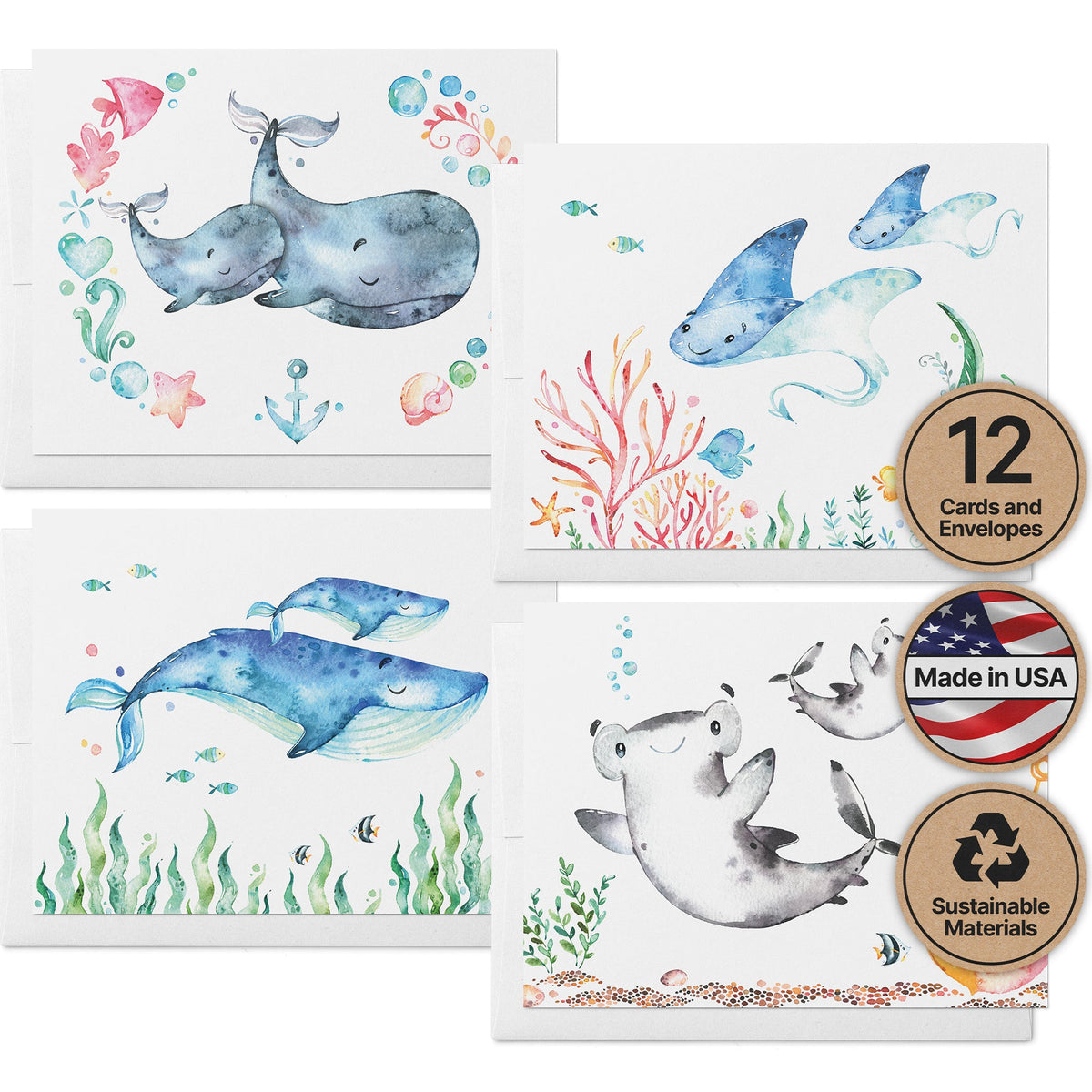 Sea Life Wonders Ocean Baby Shower Cards, set of 12 with envelopes, Twigs Paper