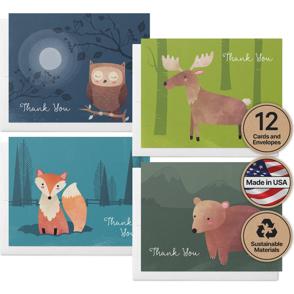 Woodland Critters Animal Greeting Cards, set of 12 with envelopes, Twigs Paper
